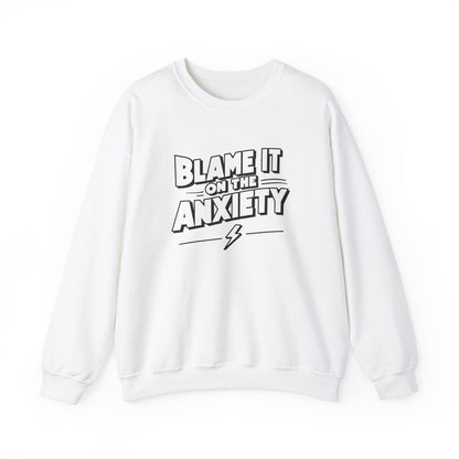 Front view of a white sweatshirt featuring bold text that reads "Blame It on the Anxiety" with an underline. Part of the Vivid Divergence Sensory Friendly Unisex Sweater Jumper Range.