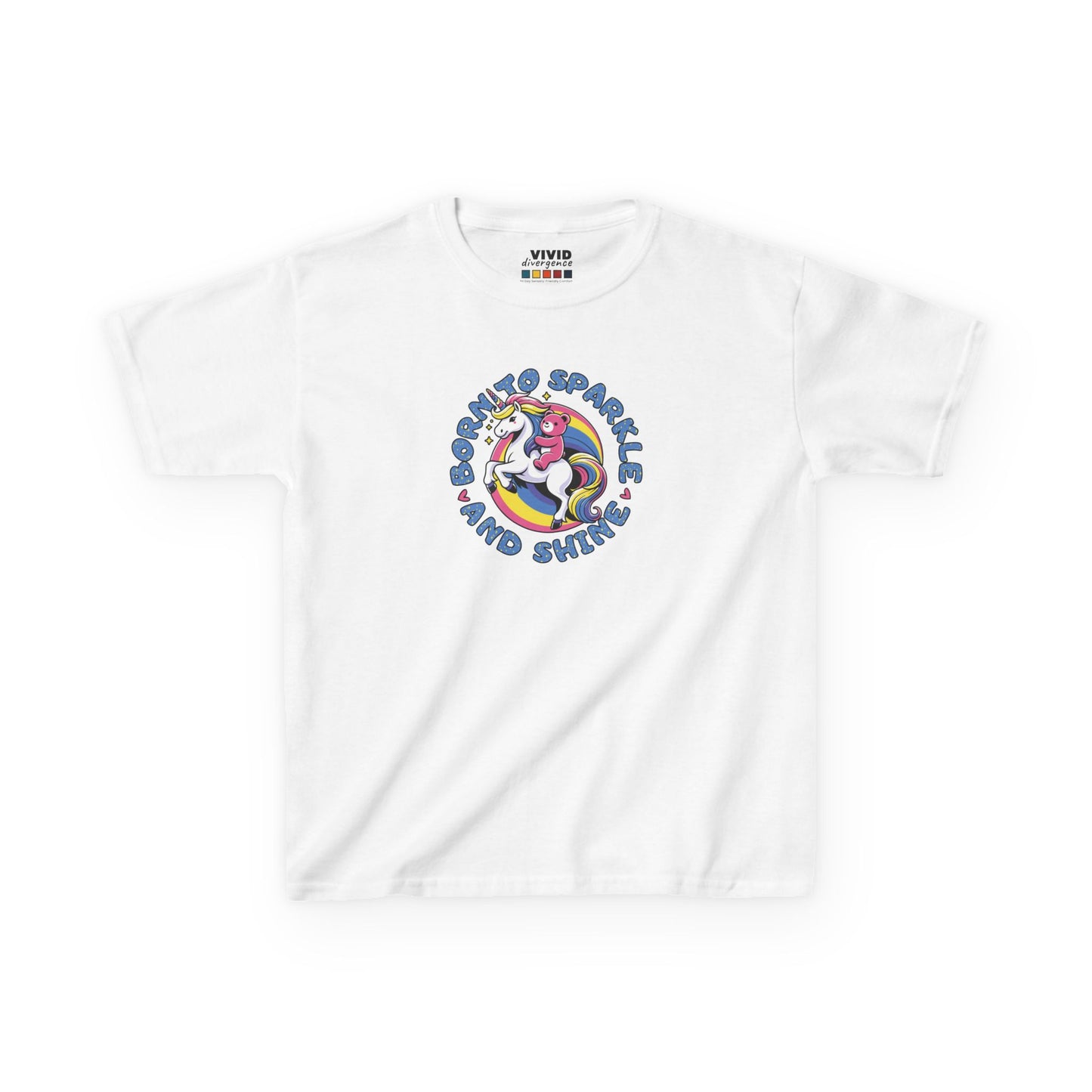 Front view of a white "Born To Sparkle Shine" unicorn kids T-shirt featuring a colorful unicorn graphic. Part of the Vivid Divergence Sensory Friendly Kids Shirts Range. The perfect T-shirt for sensory-sensitive kids and comes with a Sensory Satisfaction Promise.