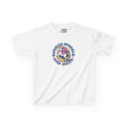 Front view of a white "Born To Sparkle Shine" unicorn kids T-shirt featuring a colorful unicorn graphic. Part of the Vivid Divergence Sensory Friendly Kids Shirts Range. The perfect T-shirt for sensory-sensitive kids and comes with a Sensory Satisfaction Promise.