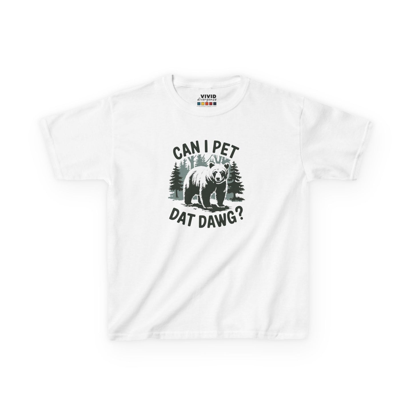 Front view of a white "Can I Pet Dat Dawg" meme kids T-shirt featuring a playful dog graphic. Part of the Vivid Divergence Sensory Friendly Kids Shirts Range. The perfect T-shirt for sensory-sensitive kids and comes with a Sensory Satisfaction Promise.