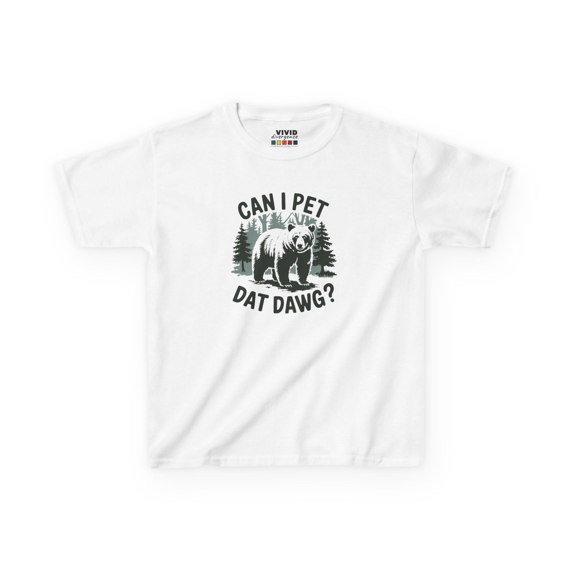 Front view of a white "Can I Pet Dat Dawg" meme kids T-shirt featuring a playful dog graphic. Part of the Vivid Divergence Sensory Friendly Kids Shirts Range. The perfect T-shirt for sensory-sensitive kids and comes with a Sensory Satisfaction Promise.