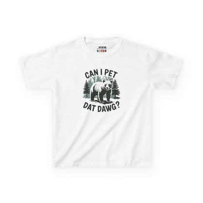 Front view of a white "Can I Pet Dat Dawg" meme kids T-shirt featuring a playful dog graphic. Part of the Vivid Divergence Sensory Friendly Kids Shirts Range. The perfect T-shirt for sensory-sensitive kids and comes with a Sensory Satisfaction Promise.