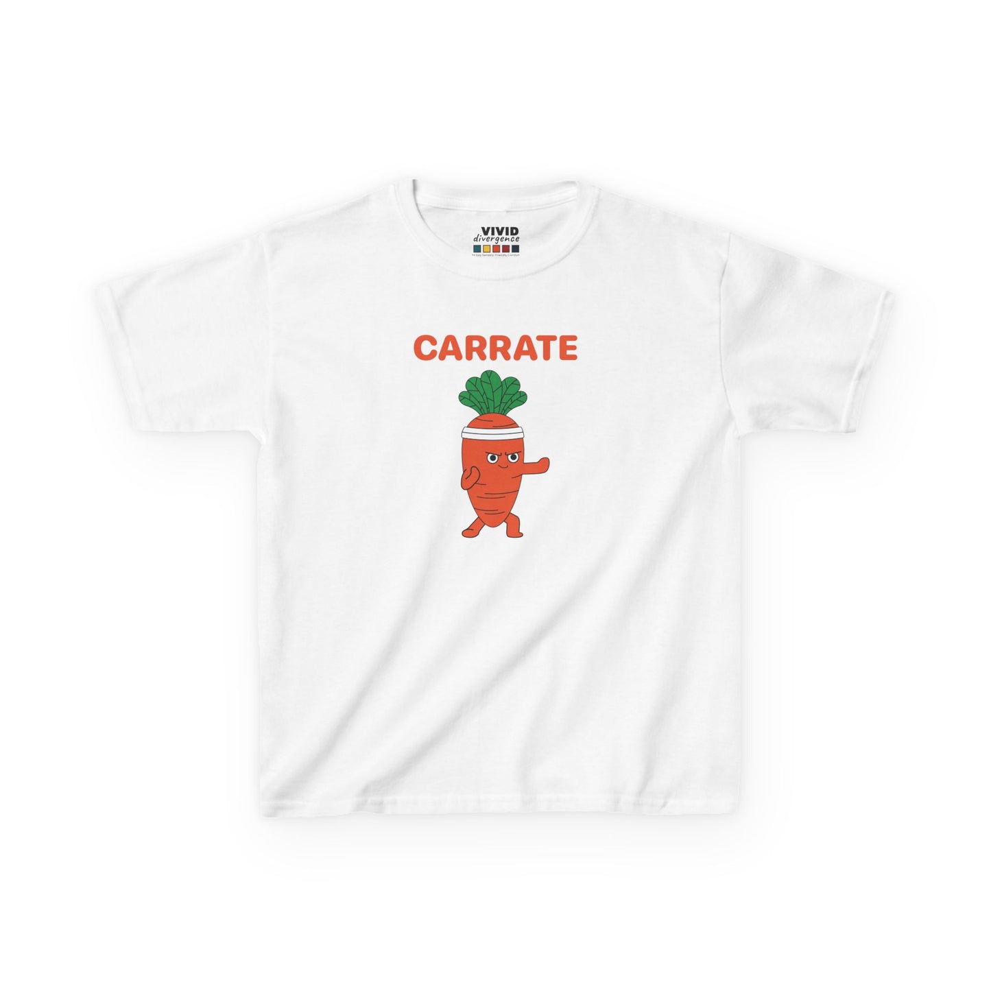 Front view of a white "Carrate" karate carrot kids T-shirt featuring a cartoon carrot in a karate pose. Part of the Vivid Divergence Sensory Friendly Kids Shirts Range. The perfect T-shirt for sensory-sensitive kids and comes with a Sensory Satisfaction Promise.
