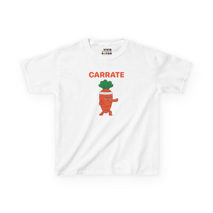 Front view of a white "Carrate" karate carrot kids T-shirt featuring a cartoon carrot in a karate pose. Part of the Vivid Divergence Sensory Friendly Kids Shirts Range. The perfect T-shirt for sensory-sensitive kids and comes with a Sensory Satisfaction Promise.