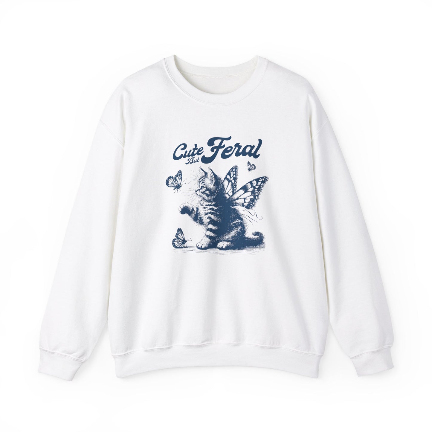 Front view of a white sweatshirt featuring a graphic of a cat surrounded by butterflies with the text "Cat Feral." Part of the Vivid Divergence Sensory Friendly Unisex Sweater Jumper Range.