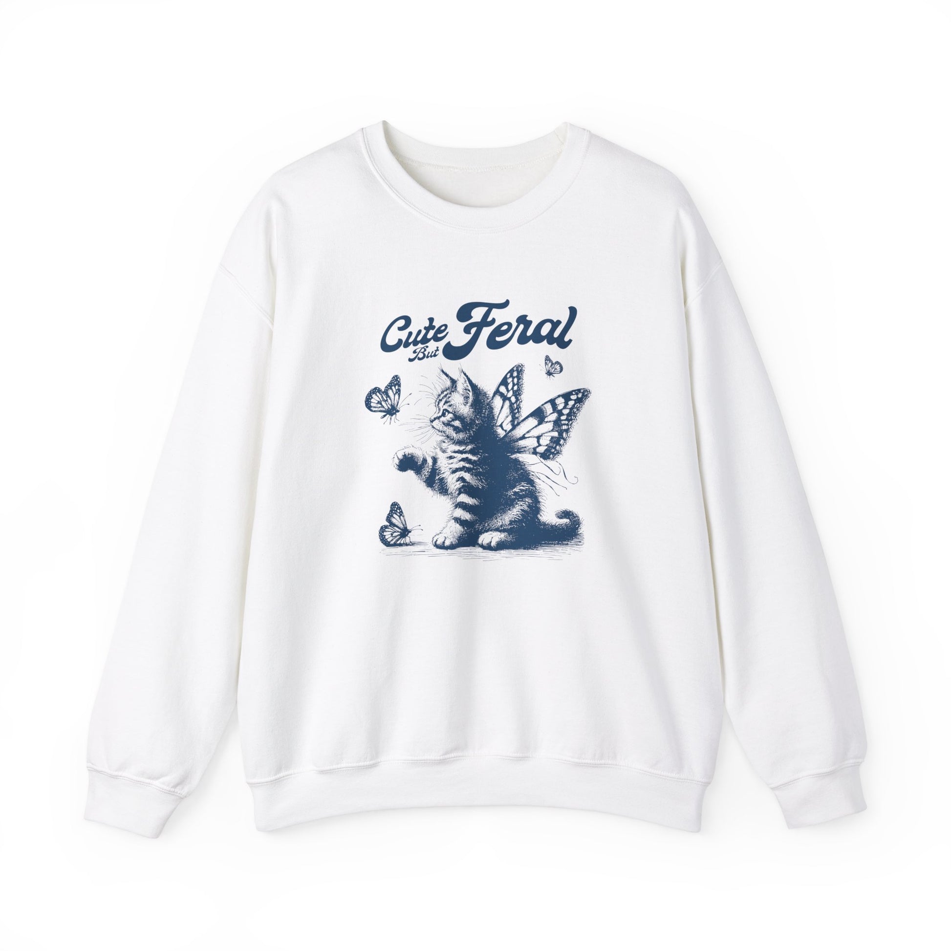 Front view of a white sweatshirt featuring a graphic of a cat surrounded by butterflies with the text "Cat Feral." Part of the Vivid Divergence Sensory Friendly Unisex Sweater Jumper Range.