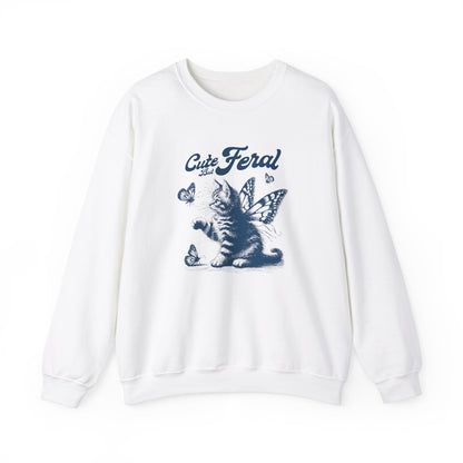 Front view of a white sweatshirt featuring a graphic of a cat surrounded by butterflies with the text "Cat Feral." Part of the Vivid Divergence Sensory Friendly Unisex Sweater Jumper Range.