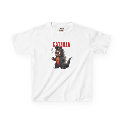 Front view of a white "Catzilla" Godzilla parody kids T-shirt featuring a cartoon cat designed like Godzilla. Part of the Vivid Divergence Sensory Friendly Kids Shirts Range. The perfect T-shirt for sensory-sensitive kids and comes with a Sensory Satisfaction Promise.