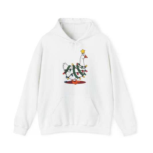 Front view of a white hoodie featuring a festive illustration of a goose wearing a Santa hat and stringing Christmas lights, with the text "Goose on the Loose." Part of the Vivid Divergence Sensory Friendly Unisex Hoodie Range.