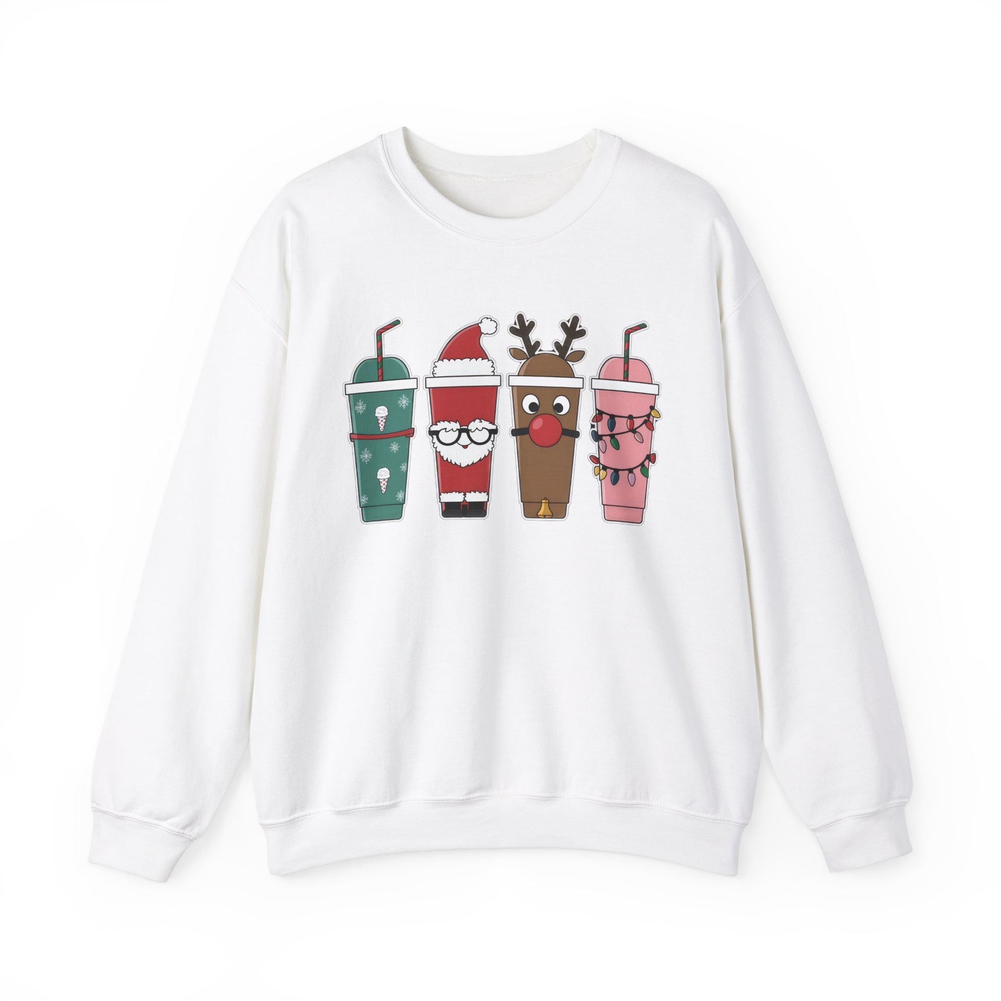 Front view of a white sweatshirt featuring a festive illustration of four iced coffee cups decorated with Christmas designs, including reindeer, Santa, and holiday patterns. Part of the Vivid Divergence Sensory Friendly Unisex Sweater Jumper Range.