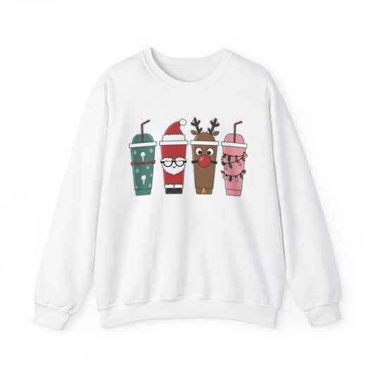 Front view of a white sweatshirt featuring a festive illustration of four iced coffee cups decorated with Christmas designs, including reindeer, Santa, and holiday patterns. Part of the Vivid Divergence Sensory Friendly Unisex Sweater Jumper Range.