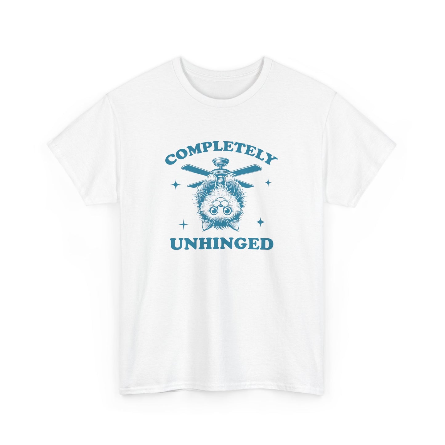 Front view of a white T-shirt featuring "Completely Unhinged" text with a cat hanging upside down from a ceiling fan in blue-tone design. Part of the Vivid Divergence Sensory Friendly Unisex Tees Range.