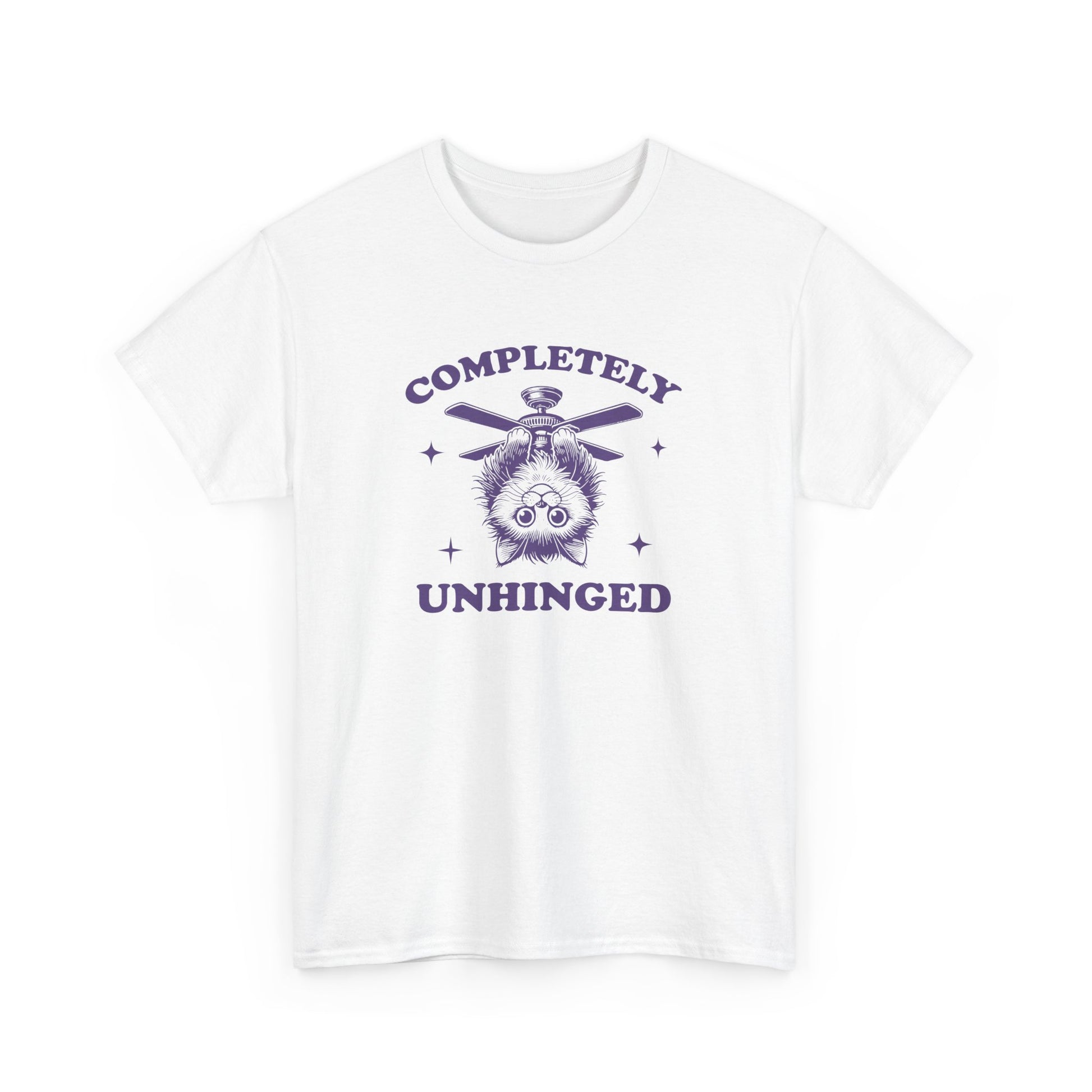 Front view of a white T-shirt featuring "Completely Unhinged" text with a cat hanging upside down from a ceiling fan in purple design. Part of the Vivid Divergence Sensory Friendly Unisex Tees Range.