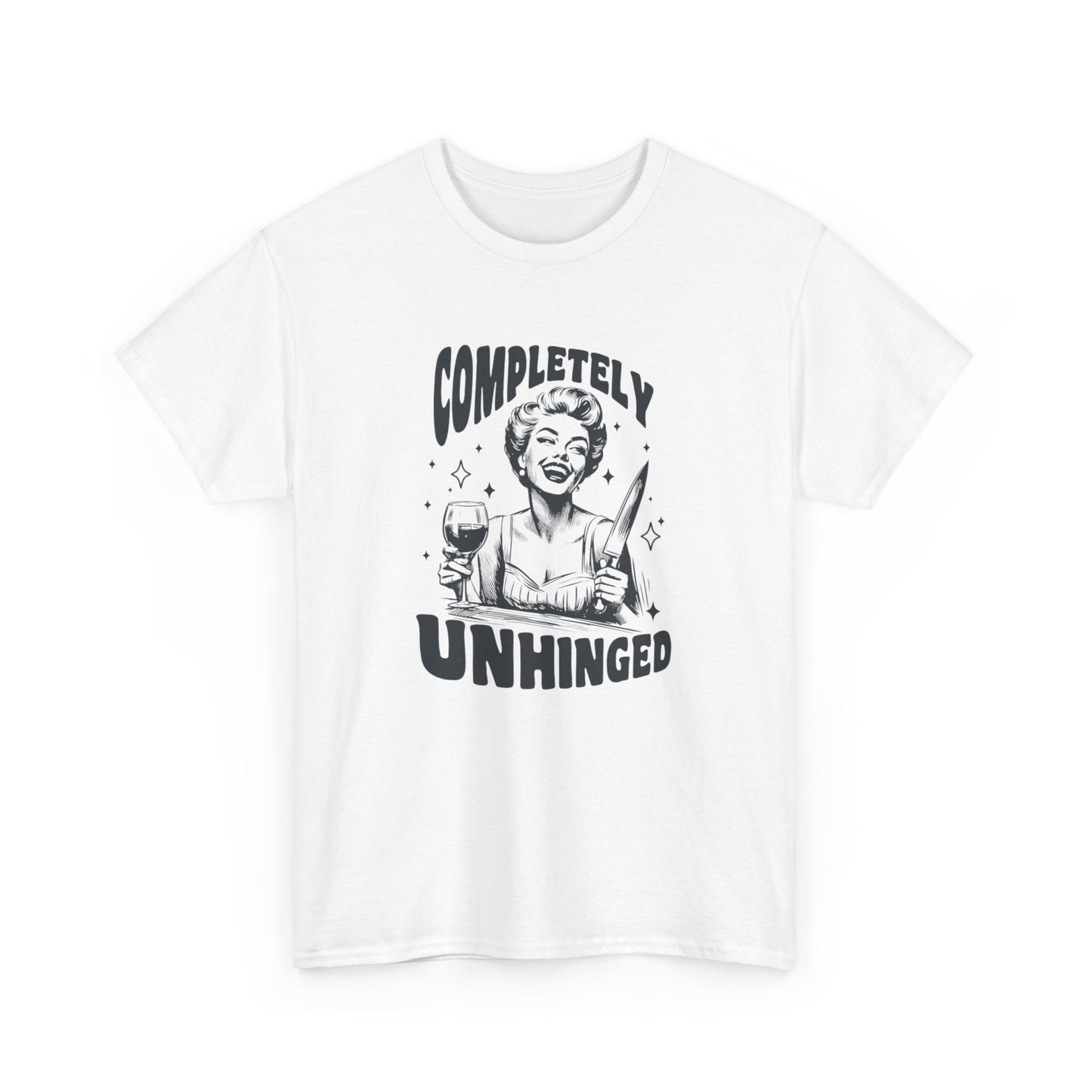Front view of a white T-shirt with "Completely Unhinged" text and graphic design. Part of the Vivid Divergence Sensory Friendly Unisex Tees Range.