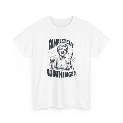 Front view of a white T-shirt with "Completely Unhinged" text and graphic design. Part of the Vivid Divergence Sensory Friendly Unisex Tees Range.