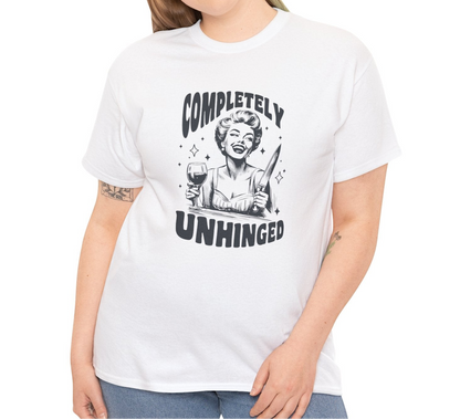 Model wearing a white T-shirt with "Completely Unhinged" text and graphic design. Part of the Vivid Divergence Sensory Friendly Unisex Tees Range.