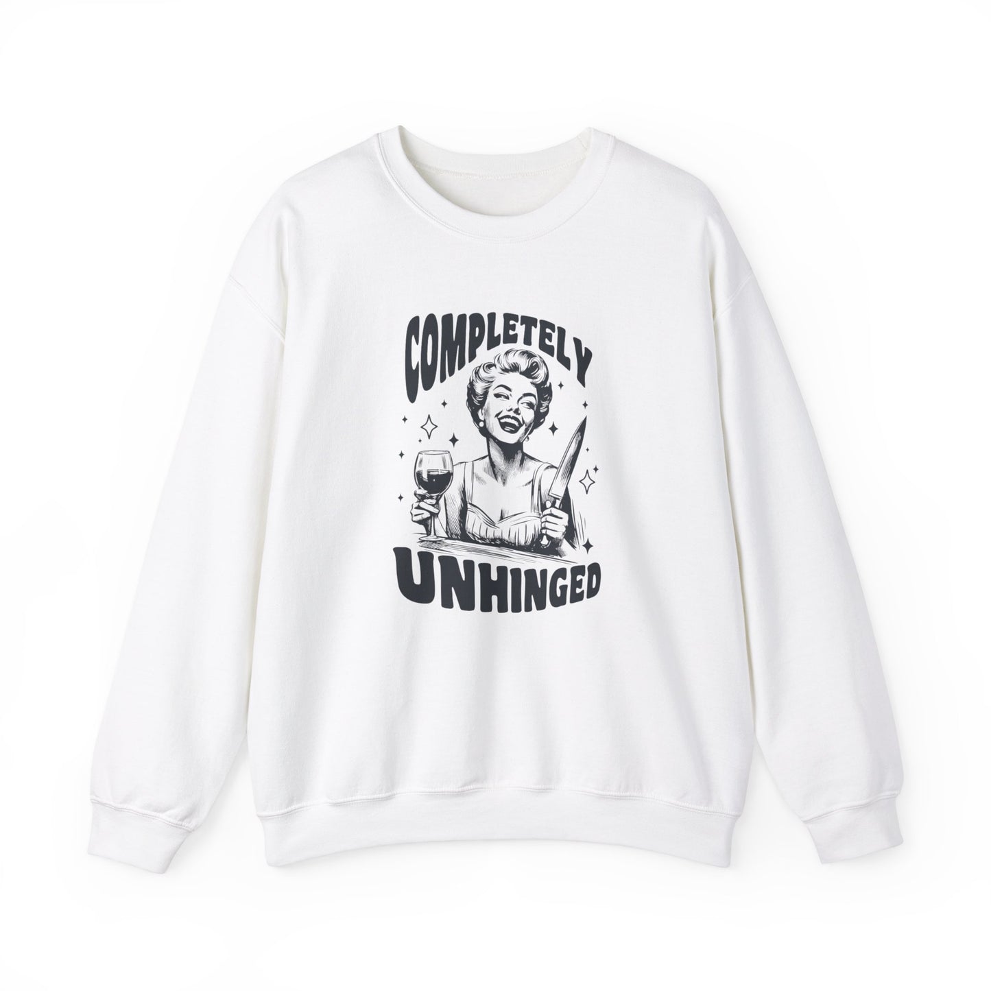 Front view of a white sweatshirt featuring a graphic of a woman holding a knife and a glass of wine with the text "Completely Unhinged." Part of the Vivid Divergence Sensory Friendly Unisex Sweater Jumper Range. 