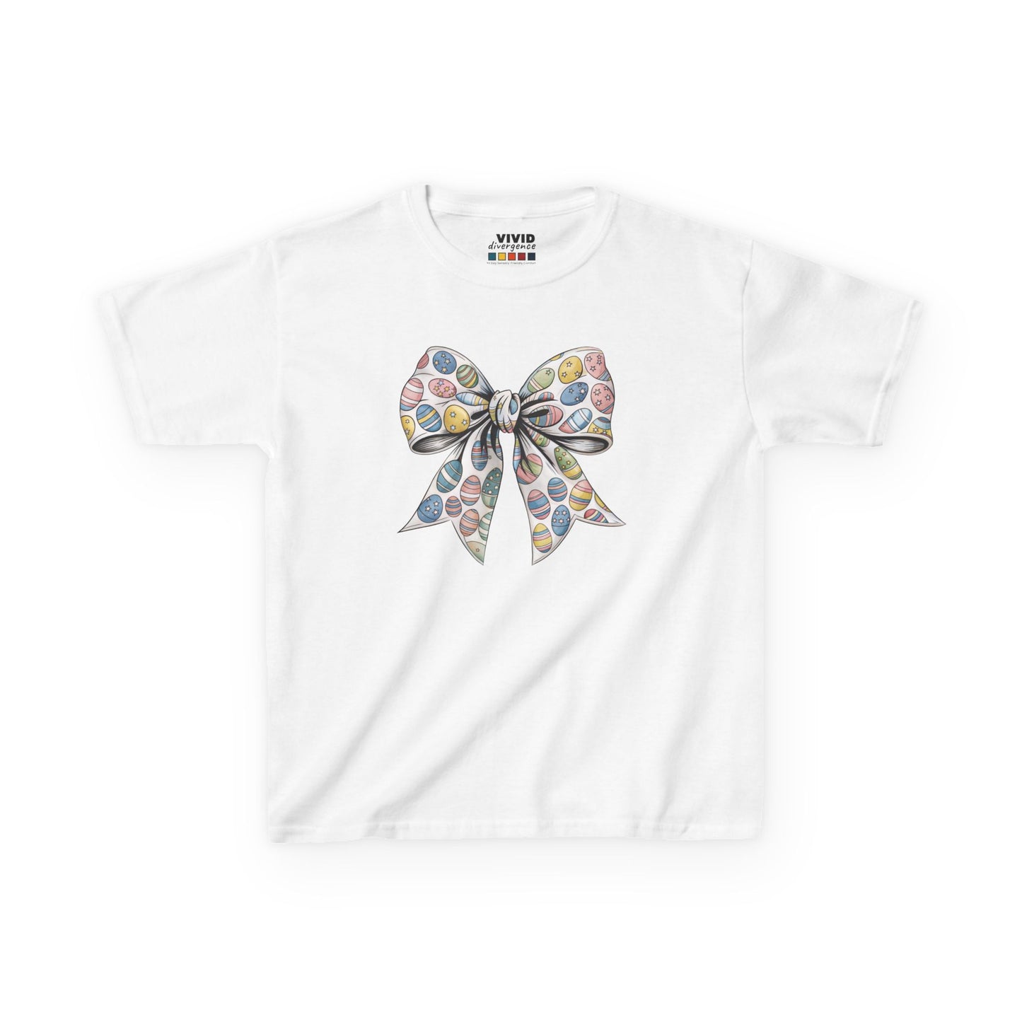 White kids' T-shirt decorated with a charming floral bow in a coquette aesthetic, a stylish Easter choice. Hop into the season in style and shop Easter shirts online today!