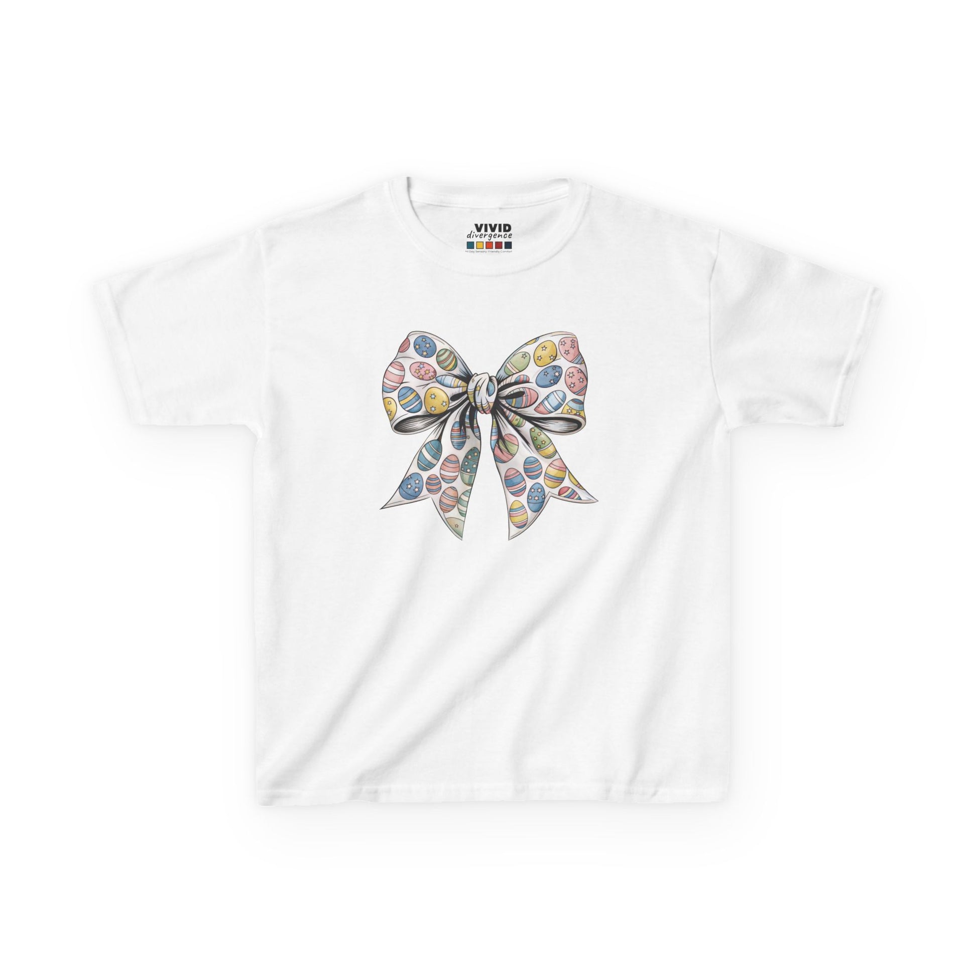 White kids' T-shirt decorated with a charming floral bow in a coquette aesthetic, a stylish Easter choice. Hop into the season in style and shop Easter shirts online today!