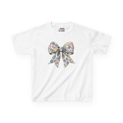 White kids' T-shirt decorated with a charming floral bow in a coquette aesthetic, a stylish Easter choice. Hop into the season in style and shop Easter shirts online today!
