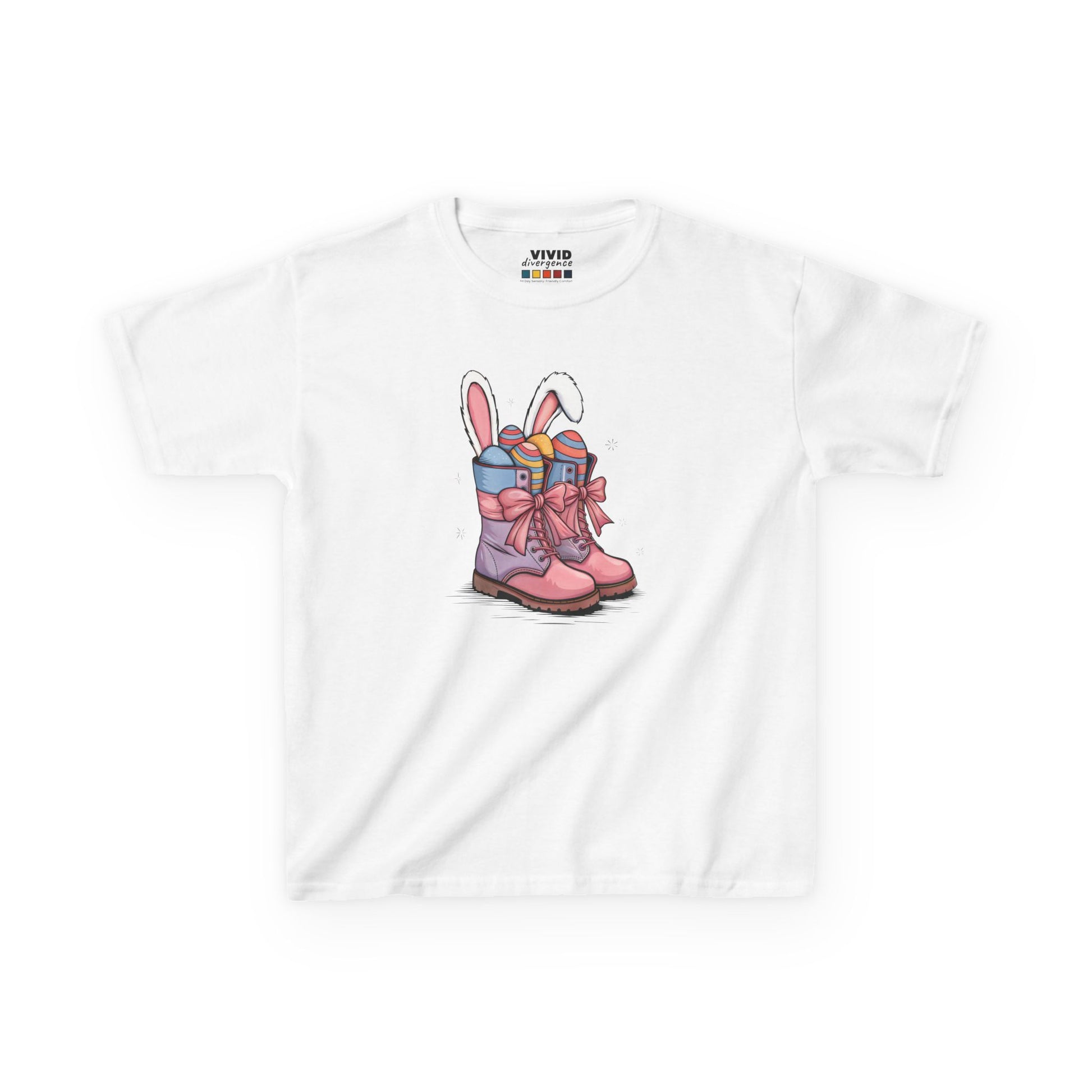 White kids' T-shirt showcasing stylish cowgirl boots with Easter eggs and bunny ears, perfect for Easter celebrations. Hop into the season in style and shop Easter shirts online today!