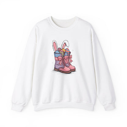 Front view of white sweater jumper with pink cowgirl boots filled with Easter eggs and bunny ears. Part of the Vivid Divergence Sensory Friendly Unisex Sweater Jumper Range.
