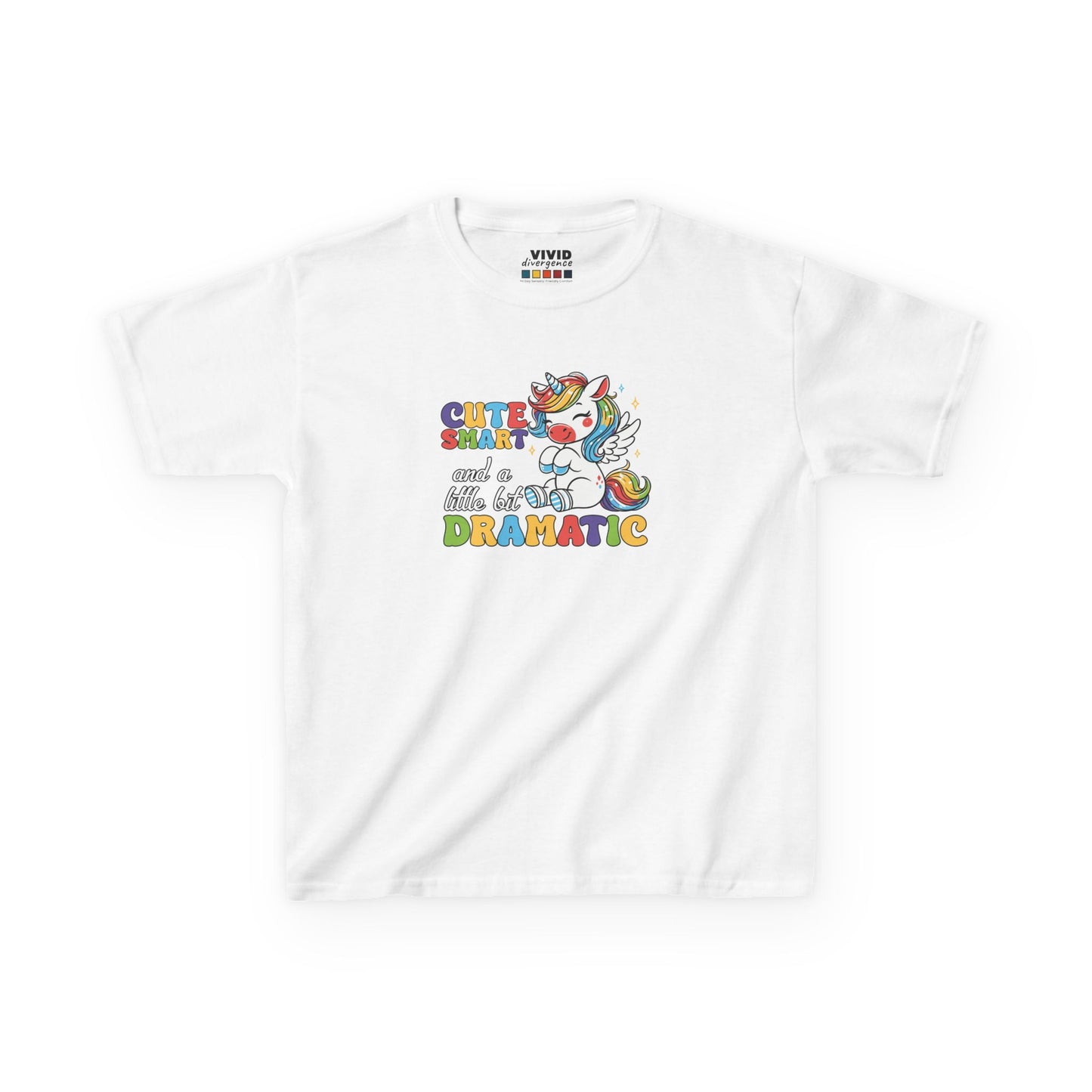 Front view of a white "Cute, Smart, and a Little Bit Dramatic" unicorn kids T-shirt featuring a colorful unicorn graphic with playful text. Part of the Vivid Divergence Sensory Friendly Kids Shirts Range. The perfect T-shirt for sensory-sensitive kids and comes with a Sensory Satisfaction Promise.