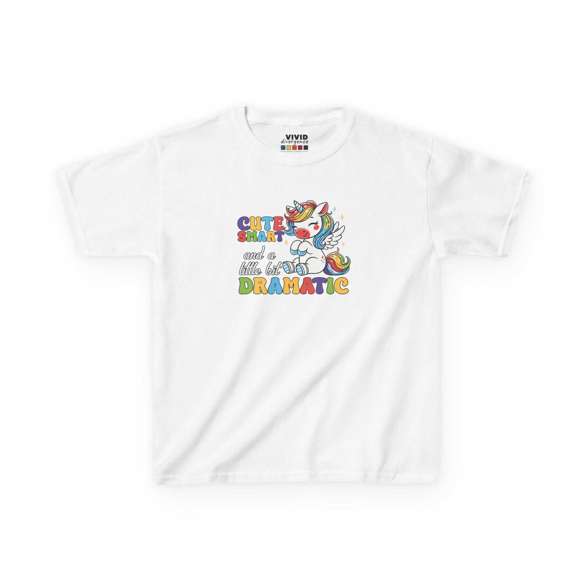 Front view of a white "Cute, Smart, and a Little Bit Dramatic" unicorn kids T-shirt featuring a colorful unicorn graphic with playful text. Part of the Vivid Divergence Sensory Friendly Kids Shirts Range. The perfect T-shirt for sensory-sensitive kids and comes with a Sensory Satisfaction Promise.