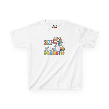 Front view of a white "Cute, Smart, and a Little Bit Dramatic" unicorn kids T-shirt featuring a colorful unicorn graphic with playful text. Part of the Vivid Divergence Sensory Friendly Kids Shirts Range. The perfect T-shirt for sensory-sensitive kids and comes with a Sensory Satisfaction Promise.