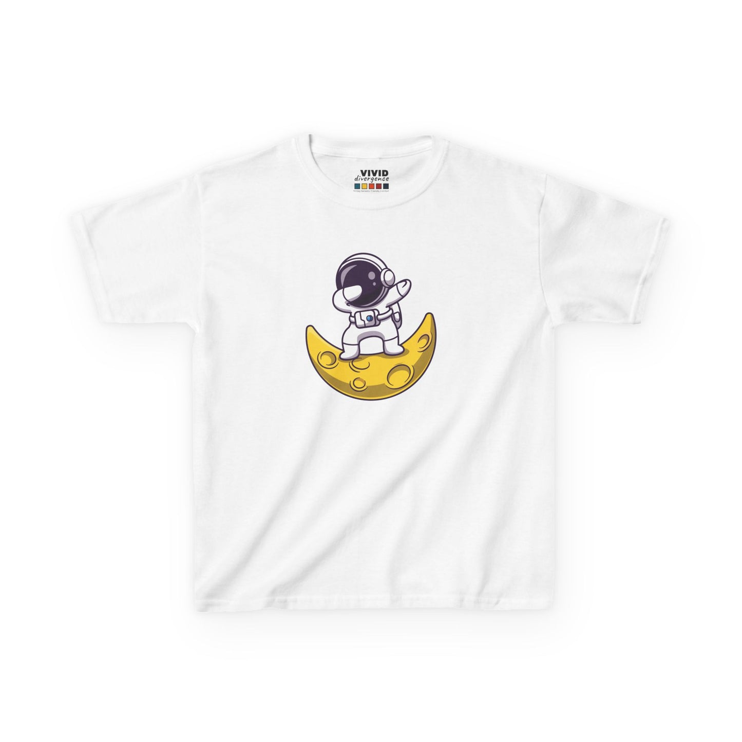 Front view of a white "Dabbing Astronaut on the Moon" kids T-shirt featuring an astronaut dabbing while sitting on a crescent moon. Part of the Vivid Divergence Sensory Friendly Kids Shirts Range. The perfect T-shirt for sensory-sensitive kids and comes with a Sensory Satisfaction Promise.