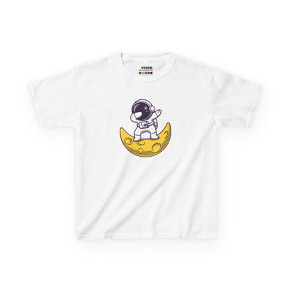 Front view of a white "Dabbing Astronaut on the Moon" kids T-shirt featuring an astronaut dabbing while sitting on a crescent moon. Part of the Vivid Divergence Sensory Friendly Kids Shirts Range. The perfect T-shirt for sensory-sensitive kids and comes with a Sensory Satisfaction Promise.