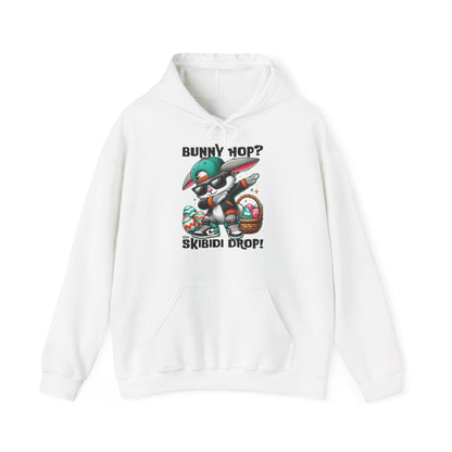 Front view of white hoodie with Dabbing Bunny Hop Skibidi Drop graphic. Part of the Vivid Divergence Sensory Friendly Unisex Hoodies Range.