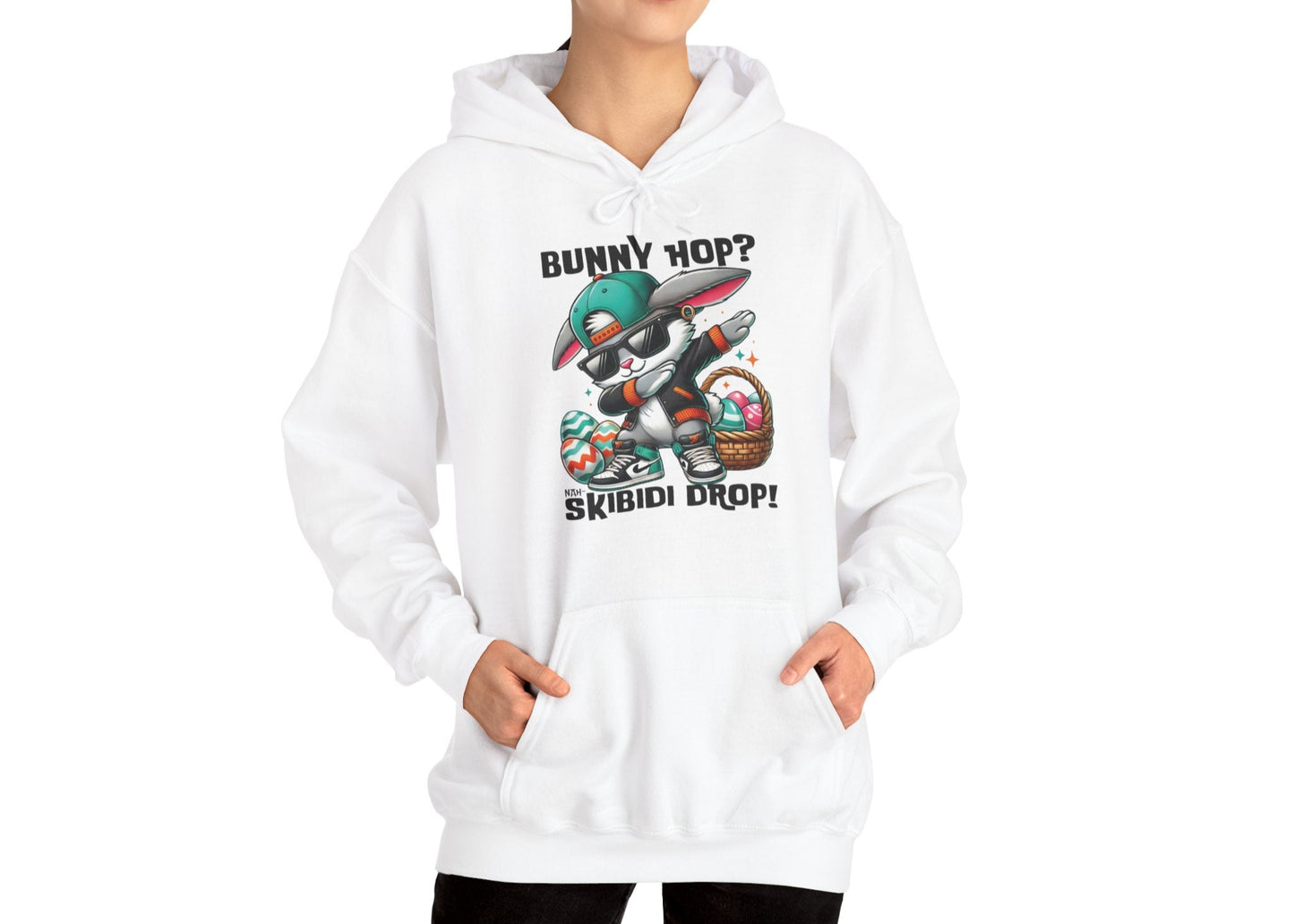 Woman wearing white hoodie with Dabbing Bunny Hop Skibidi Drop Easter design. Part of the Vivid Divergence Sensory Friendly Unisex Hoodies Range.