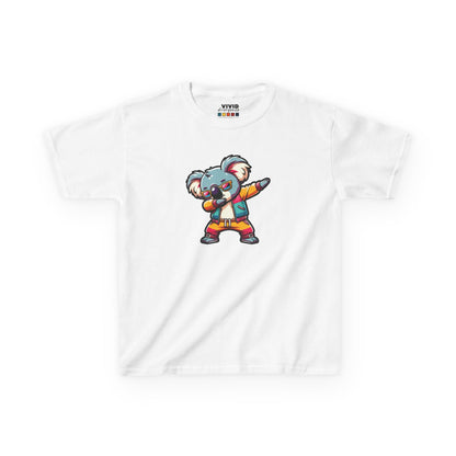 Front view of a white "Dabbing Koala" kids T-shirt featuring a cartoon koala in a dabbing pose. Part of the Vivid Divergence Sensory Friendly Kids Shirts Range. The perfect T-shirt for sensory-sensitive kids and comes with a Sensory Satisfaction Promise.