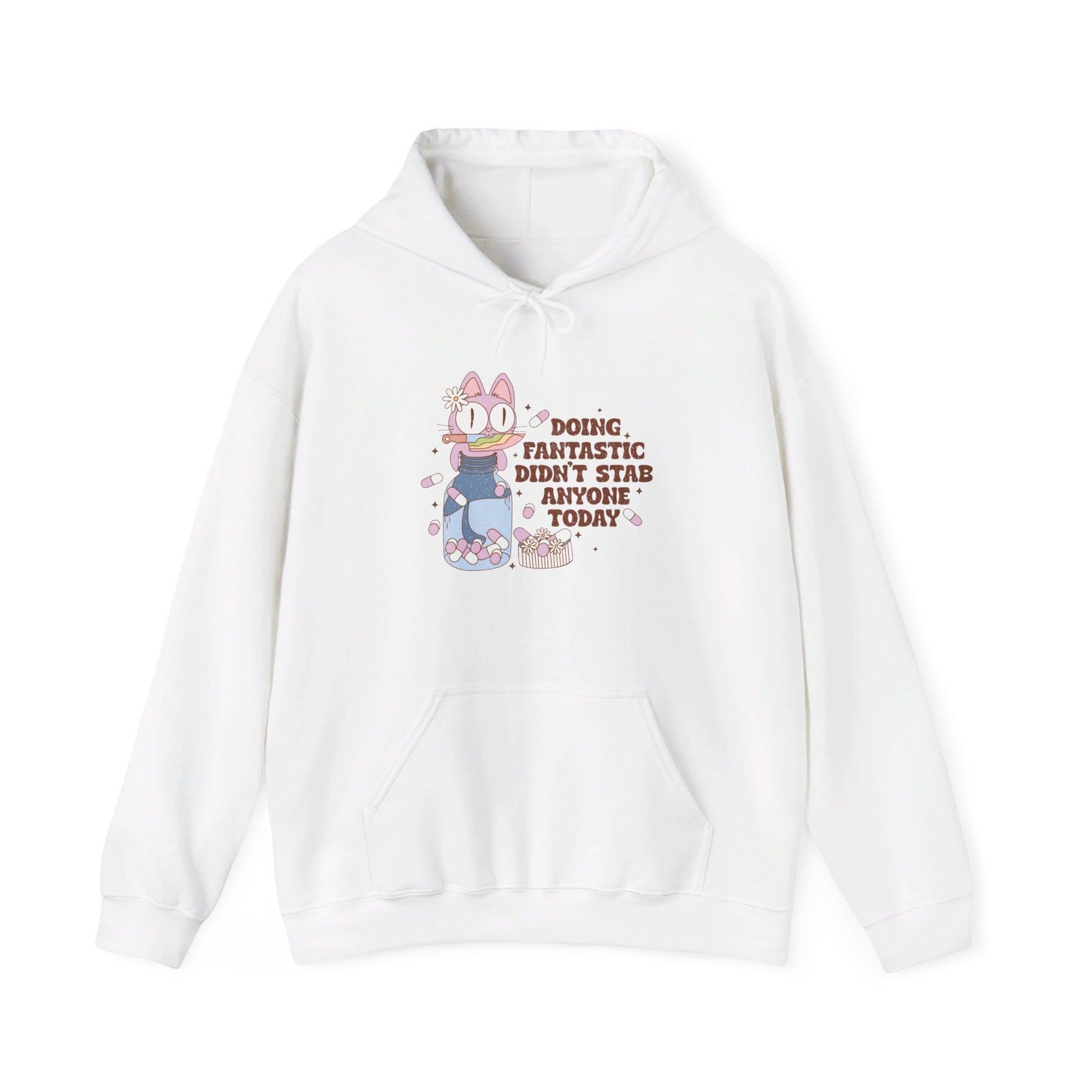 Front view of a white hoodie featuring the text "Doing Fantastic, Didn’t Stab Anyone Today" and a cartoon illustration of a raccoon holding a knife. Part of the Vivid Divergence Sensory Friendly Unisex Hoodie Range.
