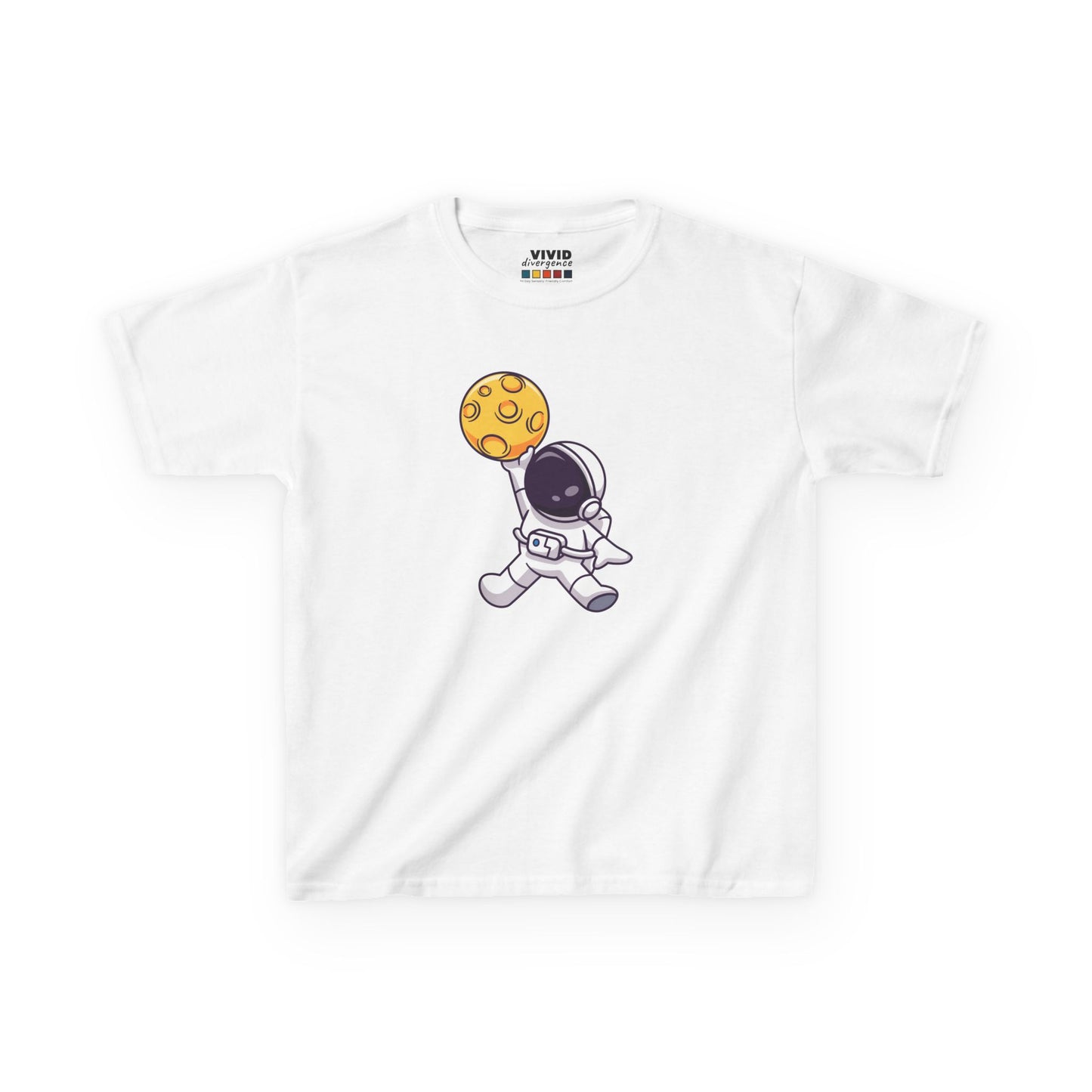 Front view of a white "Dunking Astronaut" space basketball kids T-shirt featuring an astronaut dunking a basketball designed as a planet. Part of the Vivid Divergence Sensory Friendly Kids Shirts Range. The perfect T-shirt for sensory-sensitive kids and comes with a Sensory Satisfaction Promise.