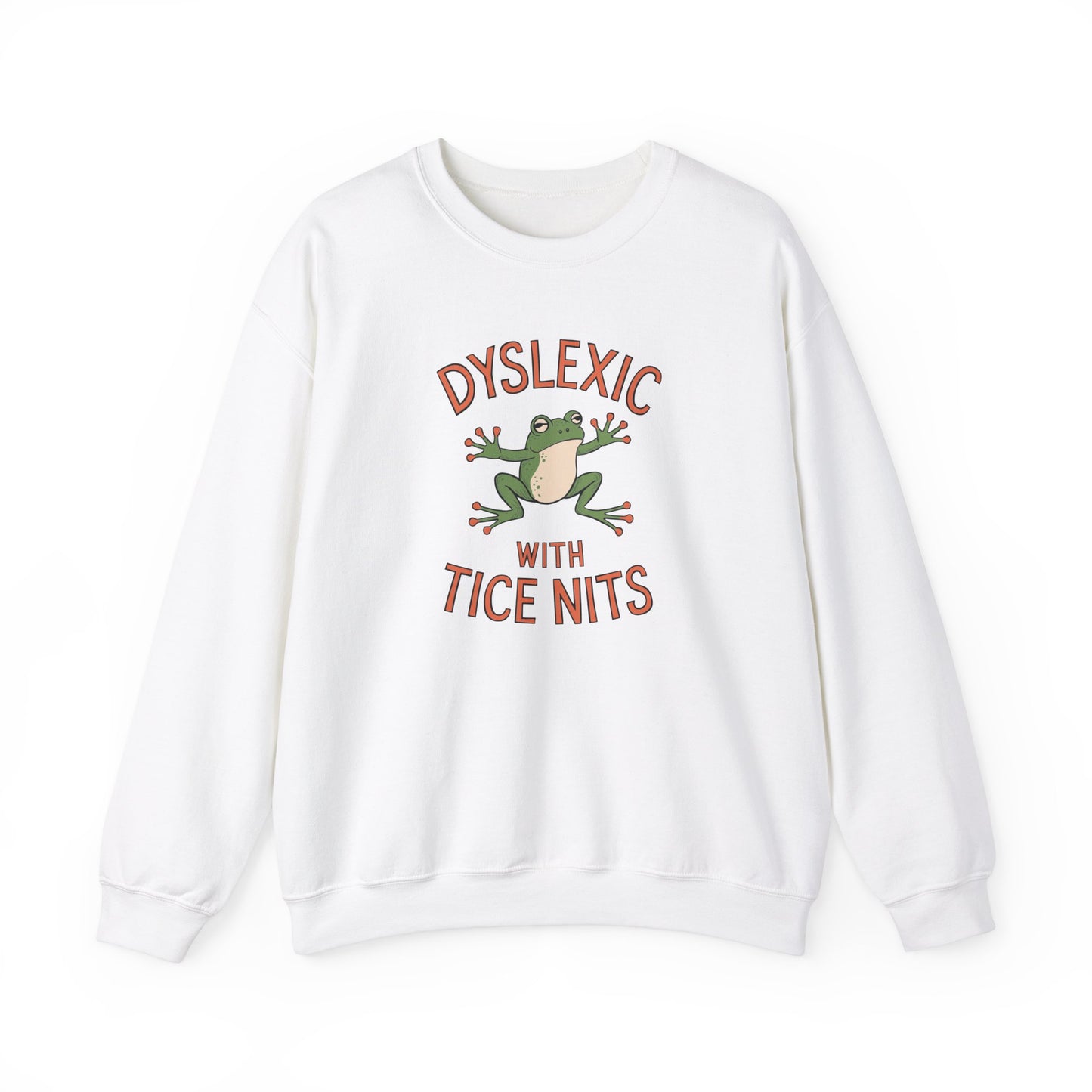 Front view of a white sweatshirt featuring a cartoon frog and the text "Dyslexic with Tice Nits" in bold letters. Part of the Vivid Divergence Sensory Friendly Unisex Sweater Jumper Range.