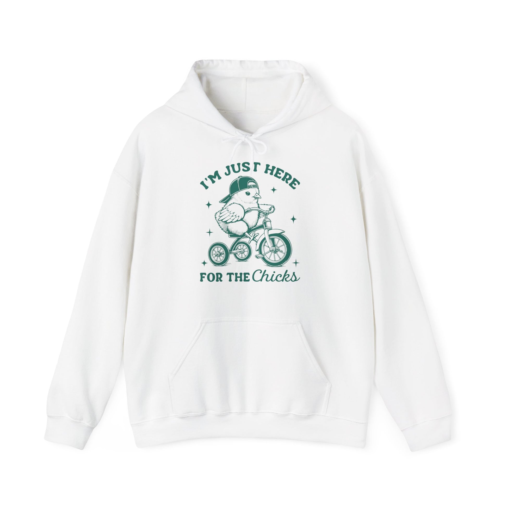 Flat lay of white hoodie featuring Easter chick and text graphic. Part of the Vivid Divergence Sensory Friendly Unisex Hoodies Range.