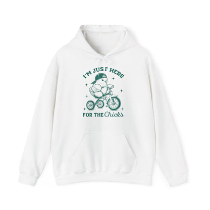 Flat lay of white hoodie featuring Easter chick and text graphic. Part of the Vivid Divergence Sensory Friendly Unisex Hoodies Range.