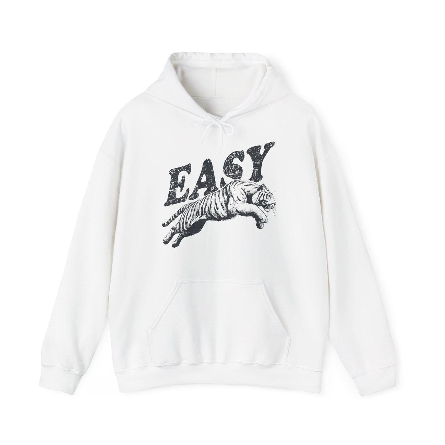 Front view of a white hoodie with "EASY" in black letters and a leaping tiger graphic. Part of the Vivid Divergence Sensory Friendly Unisex Hoodie Range.