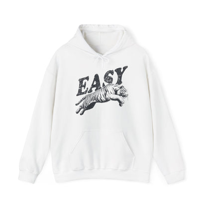 Front view of a white hoodie with "EASY" in black letters and a leaping tiger graphic. Part of the Vivid Divergence Sensory Friendly Unisex Hoodie Range.