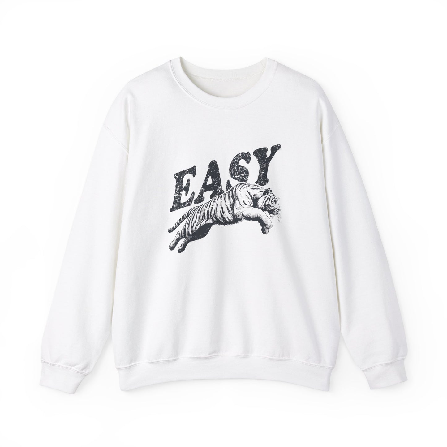 Front view of a white sweatshirt with "EASY" in black letters and a leaping tiger graphic. Part of the Vivid Divergence Sensory Friendly Unisex Sweater Jumper Range.