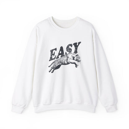 Front view of a white sweatshirt with "EASY" in black letters and a leaping tiger graphic. Part of the Vivid Divergence Sensory Friendly Unisex Sweater Jumper Range.