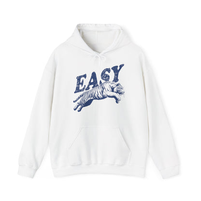 Front view of a white hoodie with "EASY" in blue letters and a leaping tiger graphic. Part of the Vivid Divergence Sensory Friendly Unisex Hoodie Range.
