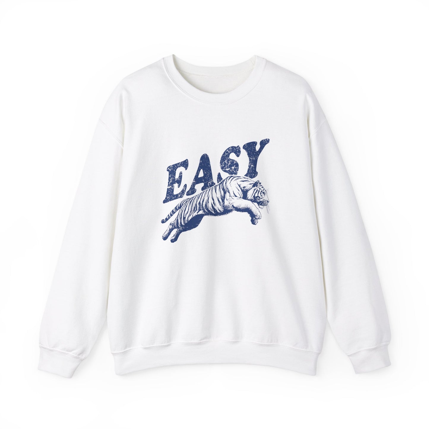 Front view of a white sweatshirt with "EASY" in blue letters and a leaping tiger graphic. Part of the Vivid Divergence Sensory Friendly Unisex Sweater Jumper Range.