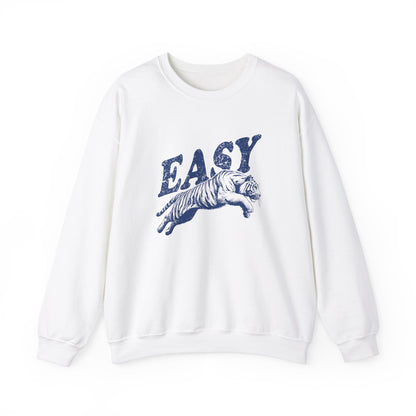 Front view of a white sweatshirt with "EASY" in blue letters and a leaping tiger graphic. Part of the Vivid Divergence Sensory Friendly Unisex Sweater Jumper Range.