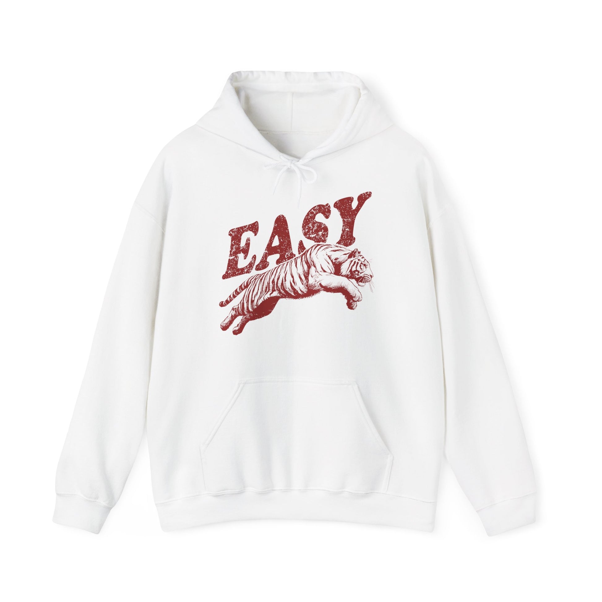Front view of a white hoodie featuring the word "EASY" in bold letters with a graphic of a leaping tiger underneath. Part of the Vivid Divergence Sensory Friendly Unisex Hoodie Range.