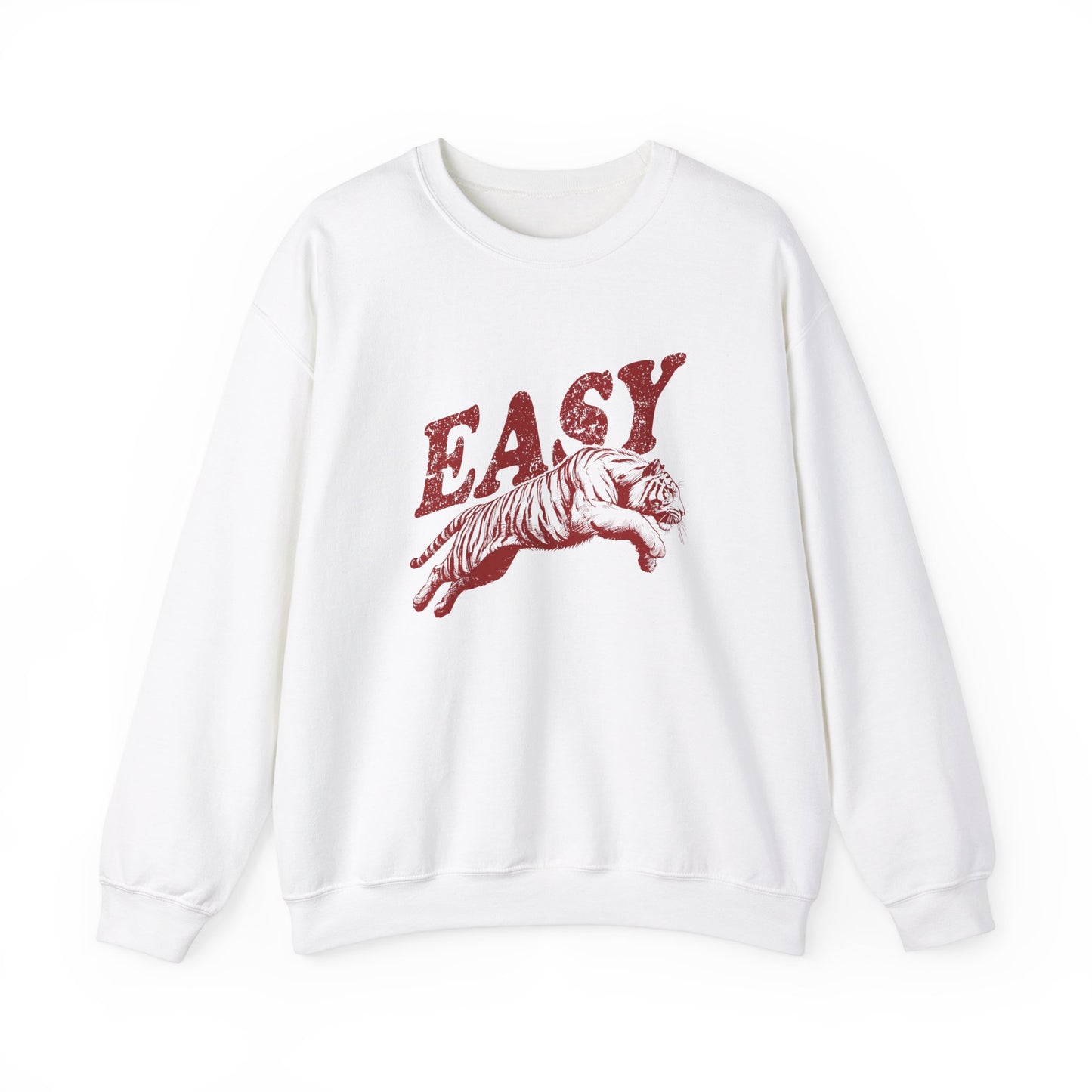 Front view of a white sweatshirt featuring the word "EASY" in bold RED letters with a graphic of a leaping tiger underneath. Part of the Vivid Divergence Sensory Friendly Unisex Sweater Jumper Range.