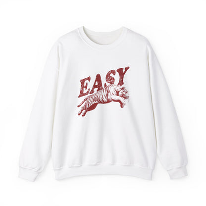 Front view of a white sweatshirt featuring the word "EASY" in bold RED letters with a graphic of a leaping tiger underneath. Part of the Vivid Divergence Sensory Friendly Unisex Sweater Jumper Range.