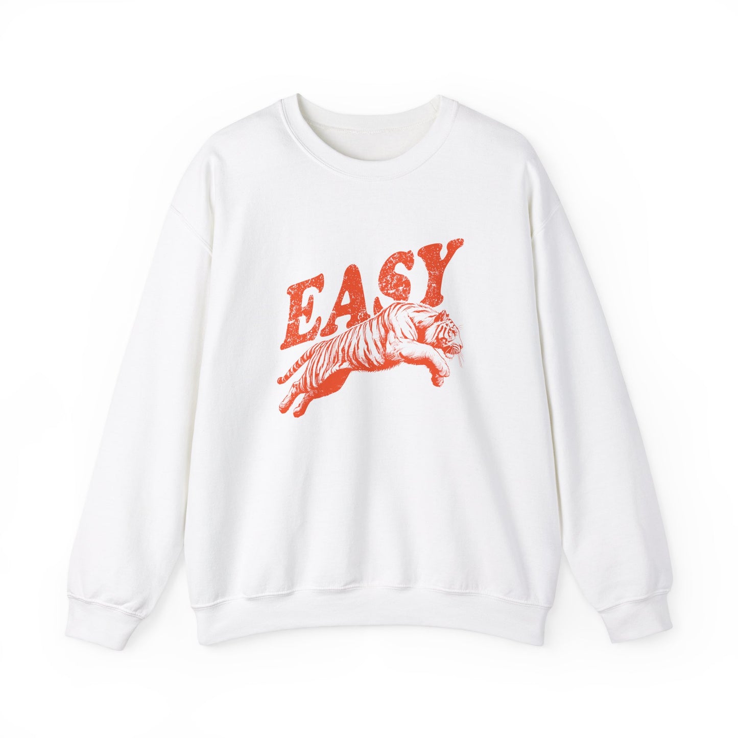 Front view of a white sweatshirt with "EASY" in orange letters and a leaping tiger graphic. Part of the Vivid Divergence Sensory Friendly Unisex Sweater Jumper Range.